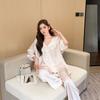 Light Luxury Spring New Ice Silk Pajamas Women's Sweet Bow Loose Large Size Long Sleeve Trousers Loungewear Set