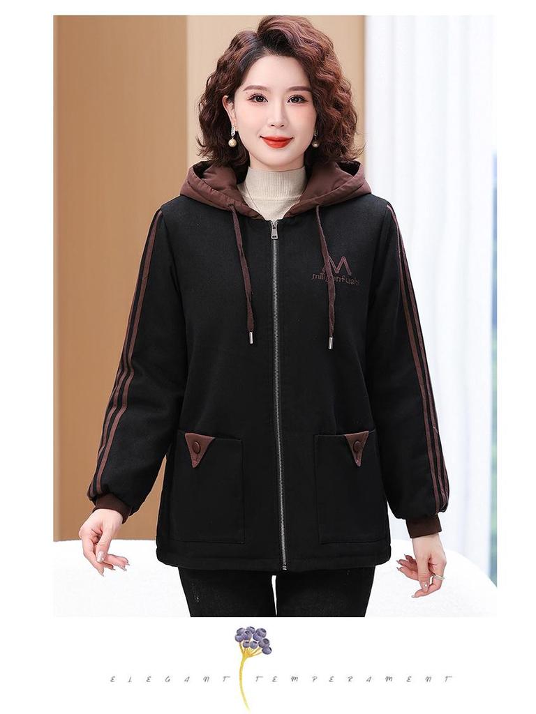 Plus Size Hooded Velvet Coat for Middle-Aged Women - Fashionable Cotton-Padded Jacket