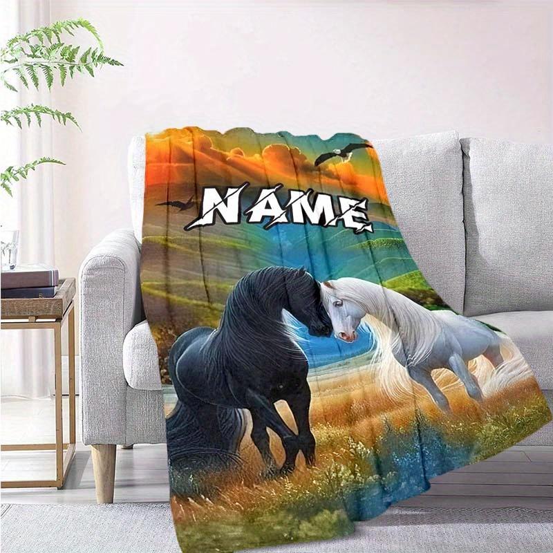 Black And White Horse Customize Your Name Blanket Warm Comfortable And Soft Blankets Are Suitable For Home Chairs Office Sofas Sofas Office Camping