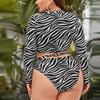Split Swimsuit Stripe Printed High Waist Hollow Out Long Sleeve Sunscreen Swimsuit For Women