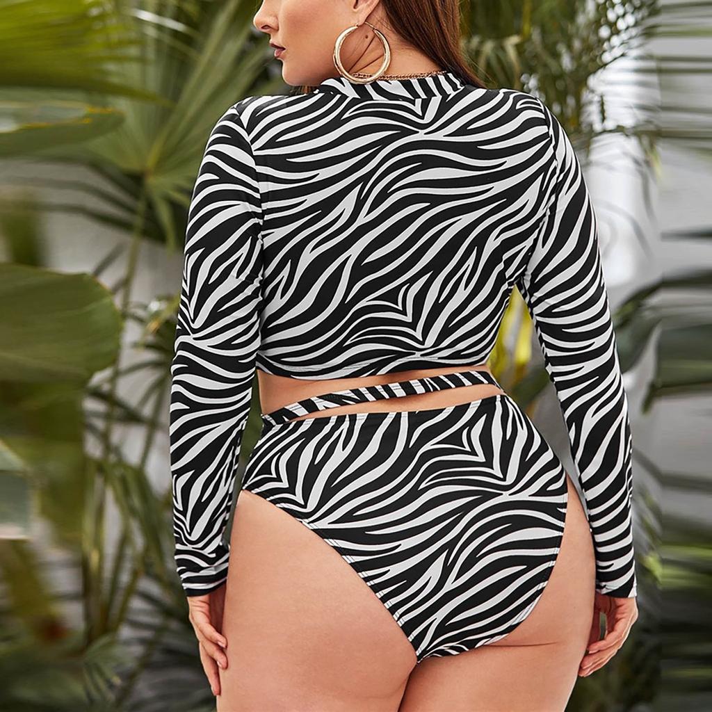 Split Swimsuit Stripe Printed High Waist Hollow Out Long Sleeve Sunscreen Swimsuit For Women