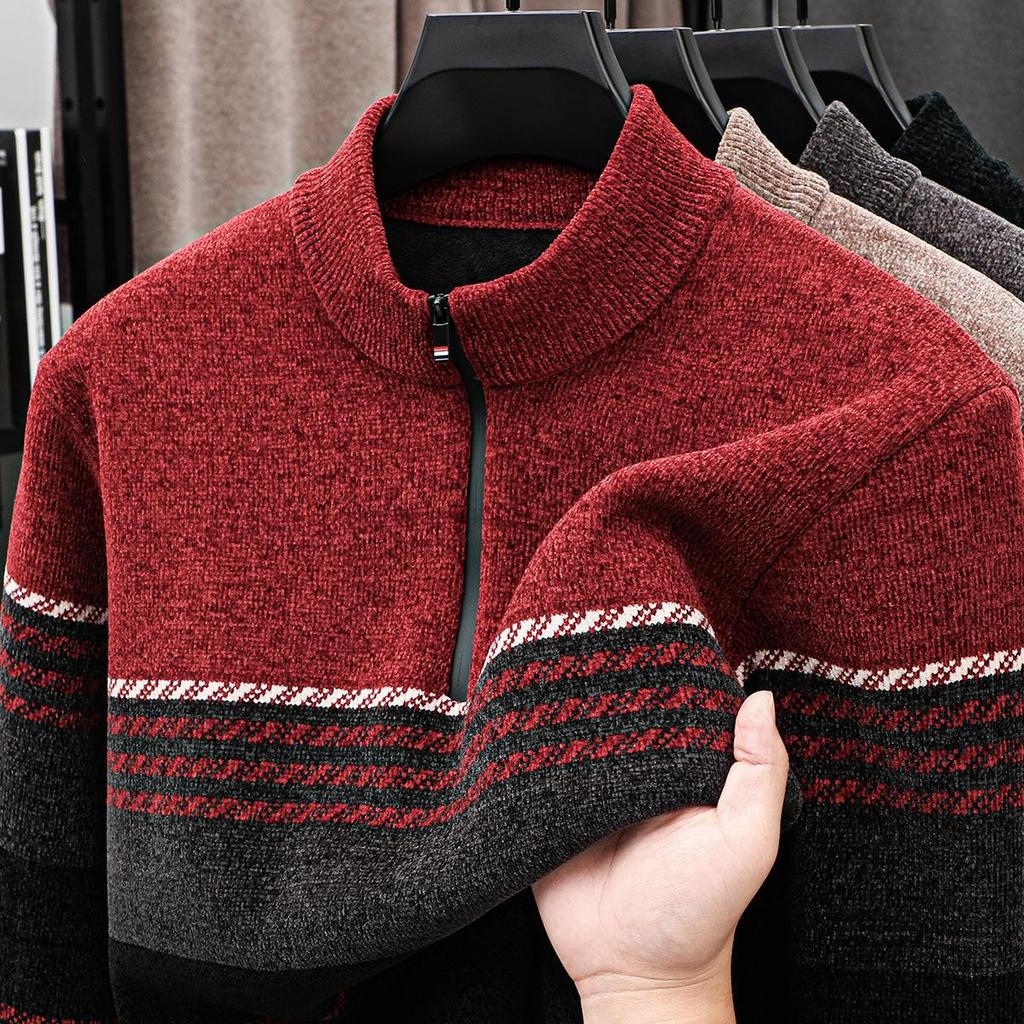 Men's Warm Chenille Half-High Collar Zipper Sweater - Velvet Knitwear for Autumn/Winter