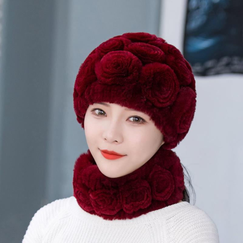 Woman Autumn Winter Warm Hat Otter Rabbit Fur Hat Versatile Ear Protection Cap Knitted Fur Hat Scarf Set