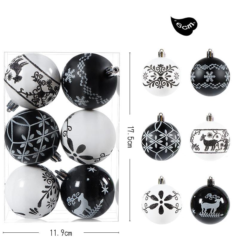 6 Pcs/Box Christmas Ball Decoration Xmas Tree Hanging Pendant Ornament Hand-painted 6cm Black and White New Year Gifts