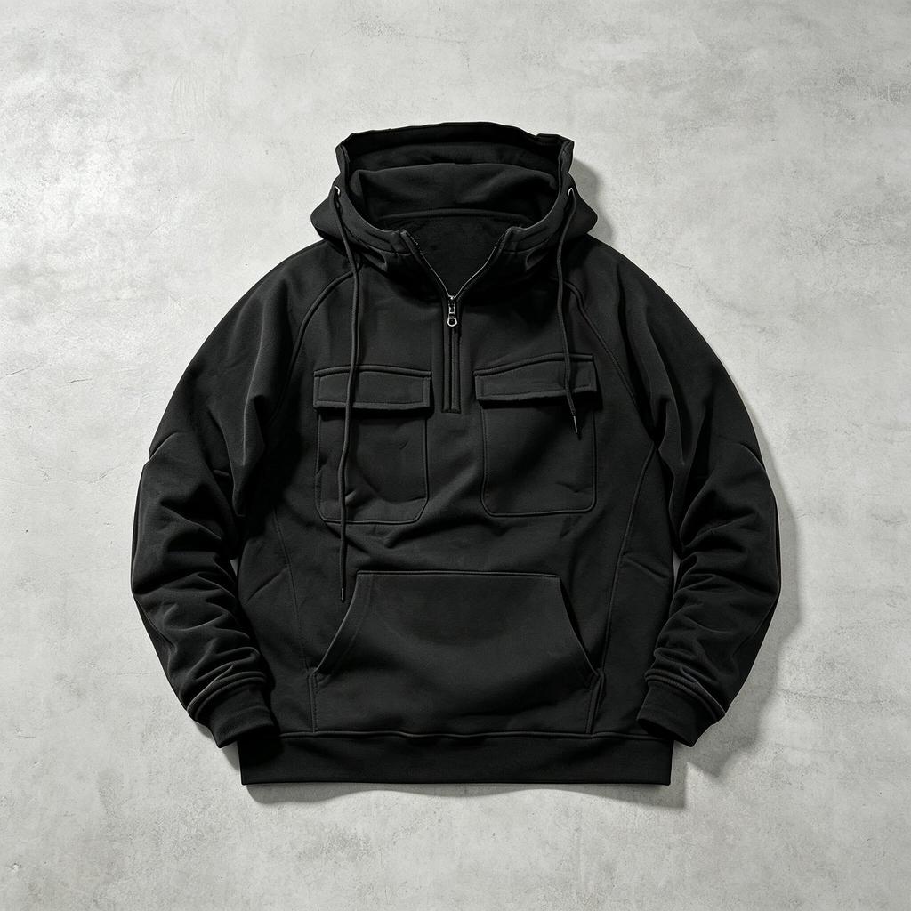 Men's Retro Workwear Hoodie Half Zip Oversize Multi-Pocket Solid Color Pullover Casual Streetwear