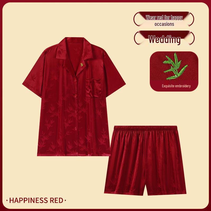 A Perfect Match: Zodiac Year Red Wedding Couple s Festive Ice Silk Pajamas 3XL