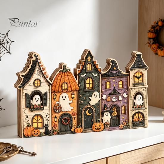 Small Wooden Village Set Halloween Retro Haunted Tabletop Decor, Fall Farmhouse Witch Autumn Theme Interior Ornaments House Ornament, Ghost