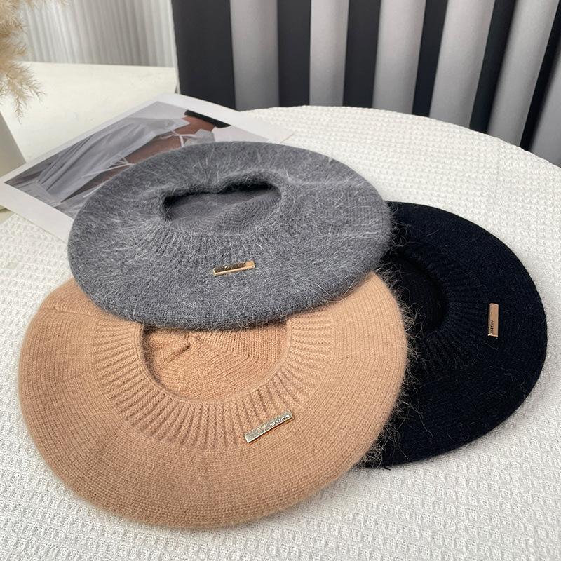 Pălărie cu beretă de păr de iepure pentru femei, toamnă, iarnă, coreeană, gri, pălării de pictor, retro, logo-ul de fier, șapci din fire de muguri