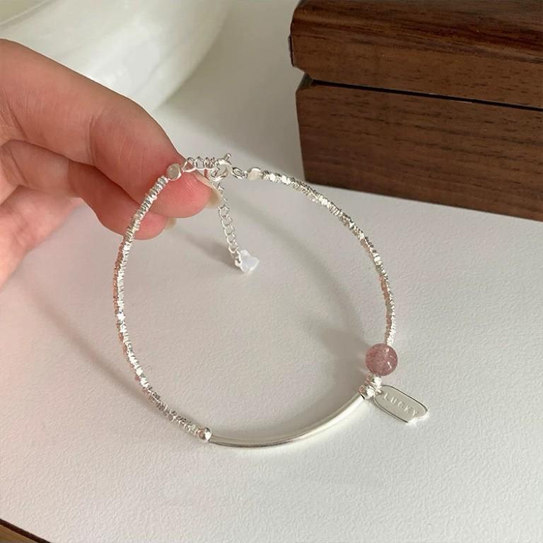 Strawberry Crystal Silver Bracelet: Minimalist Japanese & Korean-Inspired Design, Fresh and Sweet High-End Fashion for Women
