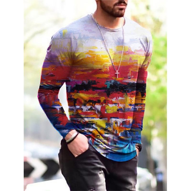 3D Gedrucktes Hip Hop Rock T-Shirt Für Männer Buntes Muster T-Shirts Frühling Herbst Freizeit Langarm Rundhals Oberteile Lockere T-Shirts