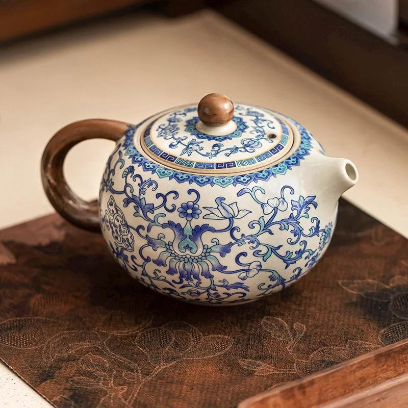 Ru Brennofen Blau Weiß Keramik Teekanne Kreative Teezubereiter Retro Handgefertigte Teekanne Kung Fu Teeset Haushalts-Teegeschirr Tee-Sieb