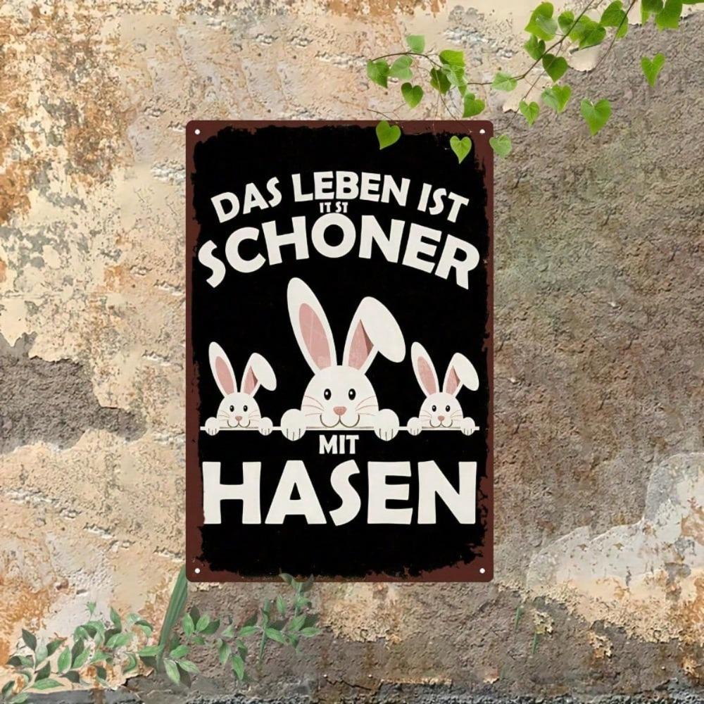 Rustic German Rabbit Metal Wall Art – DAS LEHNEN IST SCHÖNER MIT HASEN Sign, Vintage Farmhouse Decor for Living Room & Café