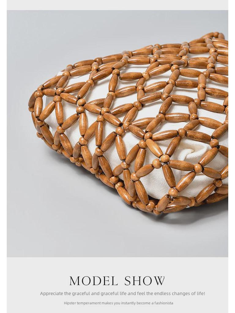 ENSPT Handwoven Wooden Bead Shoulder Bag - Women's Summer Niche Design