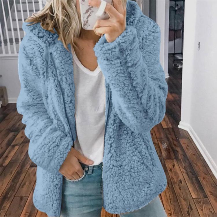 

Fashion Hooded Plush Coat for Women Solid Color Long Sleeve Zipper Jacket S