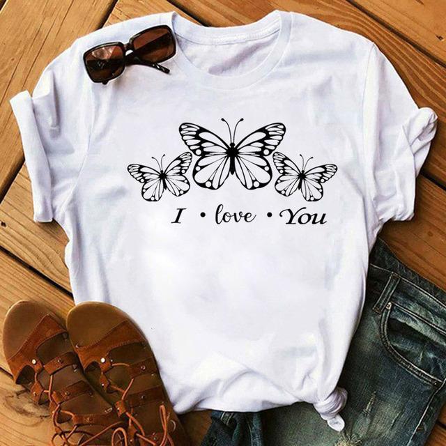 New Fashion Women Black T Shirt Friends Gift Flower Love Print Cute Tee Shirt Female Harajuku Tops Woman Short Sleeve T -Shirts