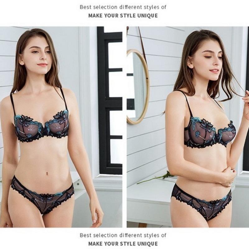 European and American Sexy Lingerie Transparent Mesh Embroidered Bra Set