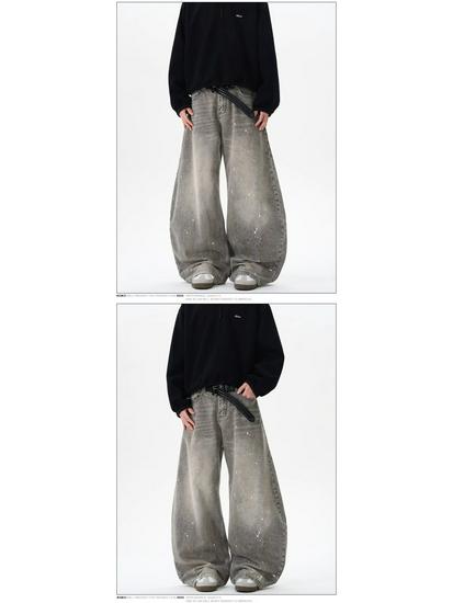 Unisex Retro Distressed Grey Splatter Paint Jeans - American Street Style