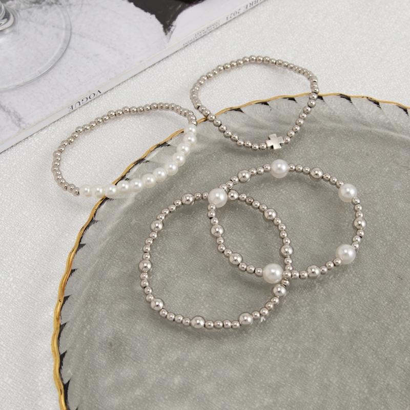 Hip Hop Styles Crosses Pendant Beaded Bracelet Set With Imitation Pearls for Layer Stackable Jewelry Gifts