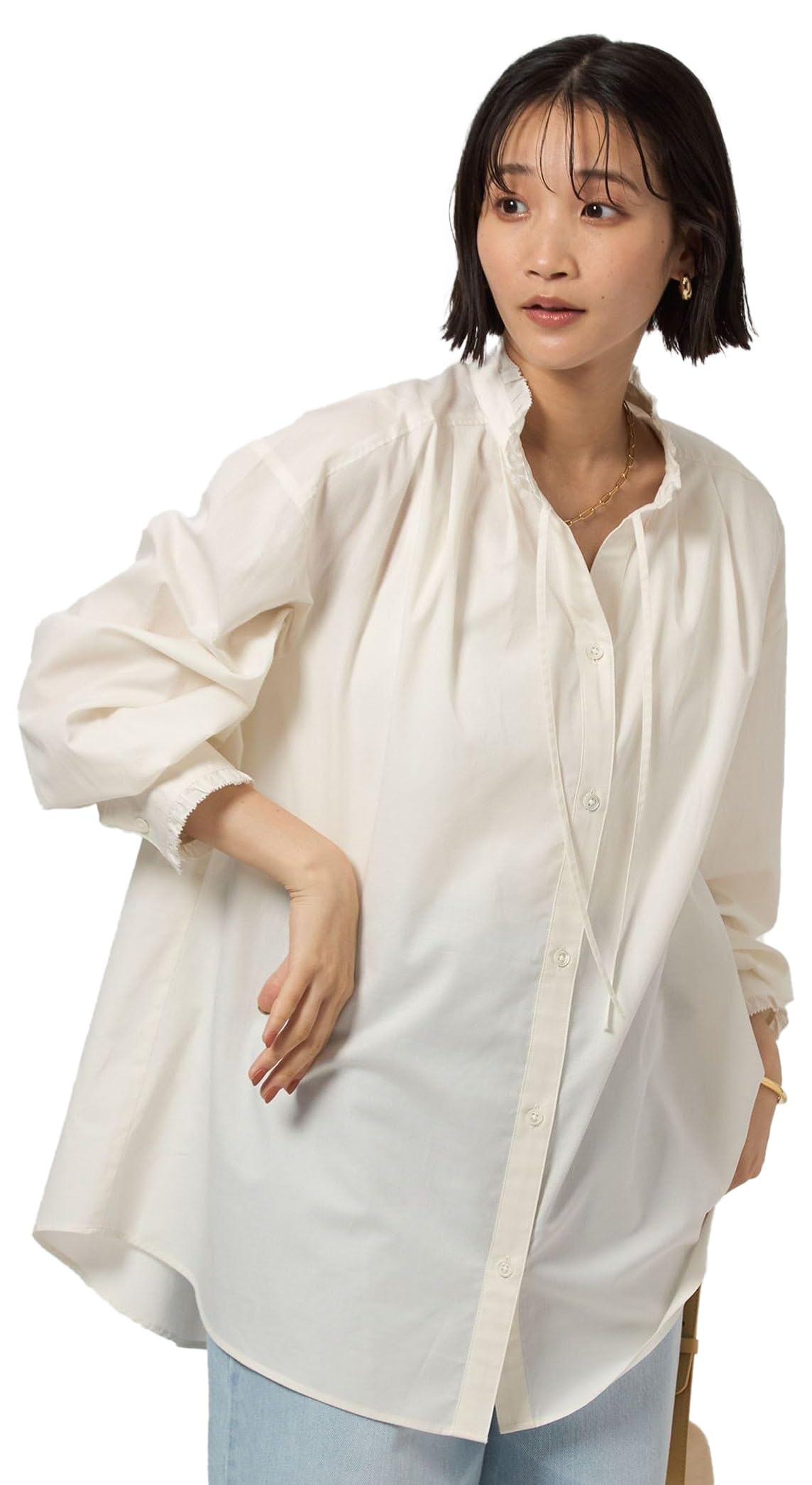 

United Arrows Green Label Relaxing Ruffle Neck Blouse, Size Short, 36111462192 0100, White (01), Free Size