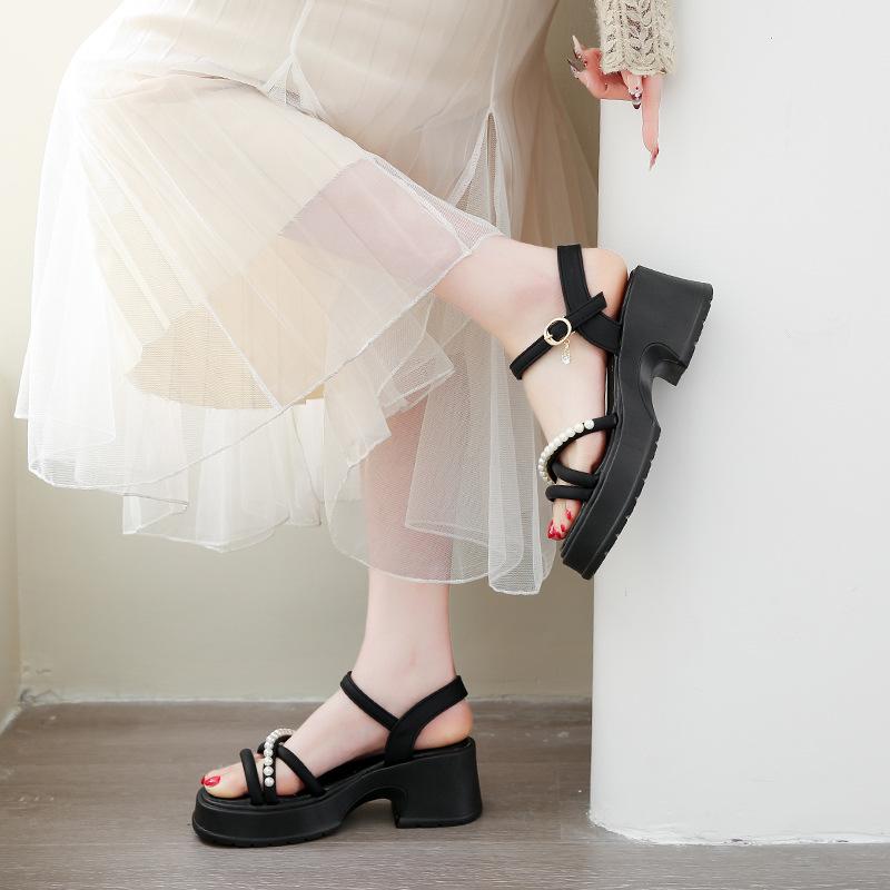 2025 French Cool High Heels Women's Summer with Skirt Fairy Style Pearl Small Thick Heel Platform Sandals