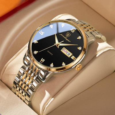 New Trend Fashion Luxury Men's Ultra-thin Watches Waterproof Luminous Double Date Steel Band Men's Watches Business Diamond Quartz Watch Clock Gift