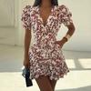 Neue Sommermodelle, europäische und amerikanische Damenbekleidung, modisches und elegantes Kleid mit V-Ausschnitt, Aufdruck und Rüschensaum