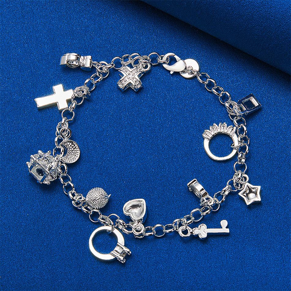925 sterling silver 8-inch moon/cross/bag bracelet, fashionable women's wedding party jewelry accessories