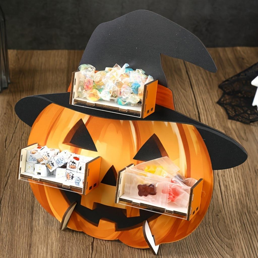 Halloween Wooden Pumpkin Candy Display Stand, Holiday Festive Wooden Candy Holder Tabletop Decor