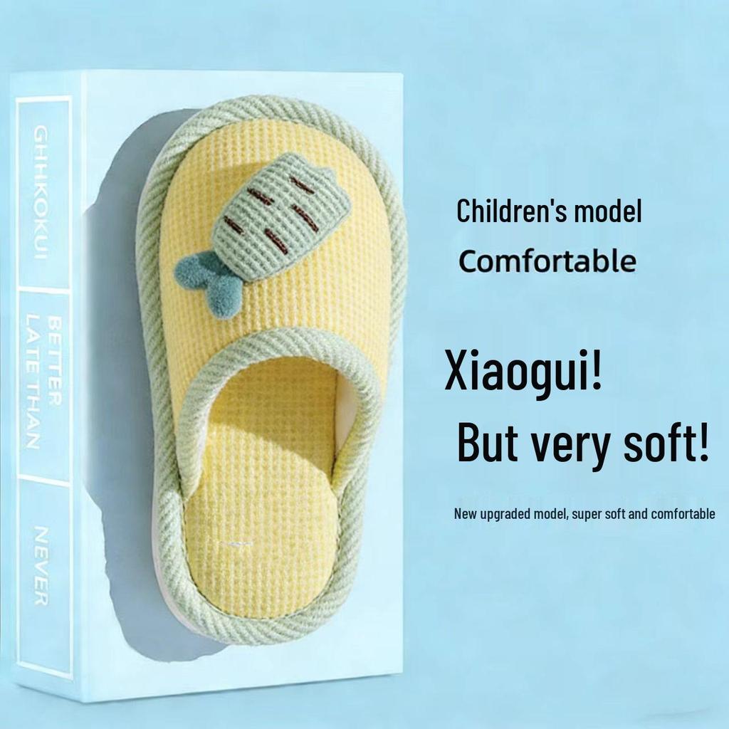 Kids' Radish Rabbit Non-Slip Slippers - Silent Cartoon, Breathable, Linen, Autumn Winter Indoor Shoes for Girls & Parent-Child Matching