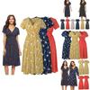 Women Neck V Boho Floral Midi Dress Short Sleeve Summer Beach Sundress Casual