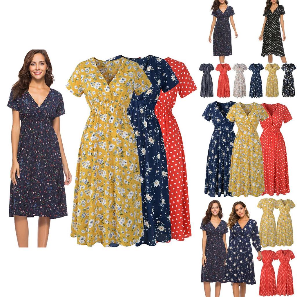 Women Neck V Boho Floral Midi Dress Short Sleeve Summer Beach Sundress Casual