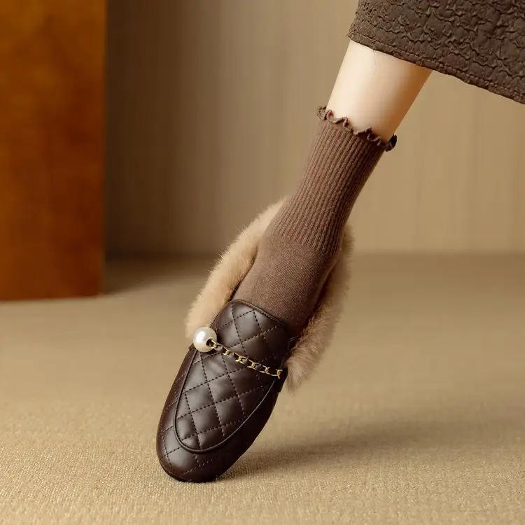 Fashion New Black Brown Autumn Winter Plush Warm Casual Shoes Women's Fashionable and Comfortable Low Heeled Cowhide Warm Cotton Shoes