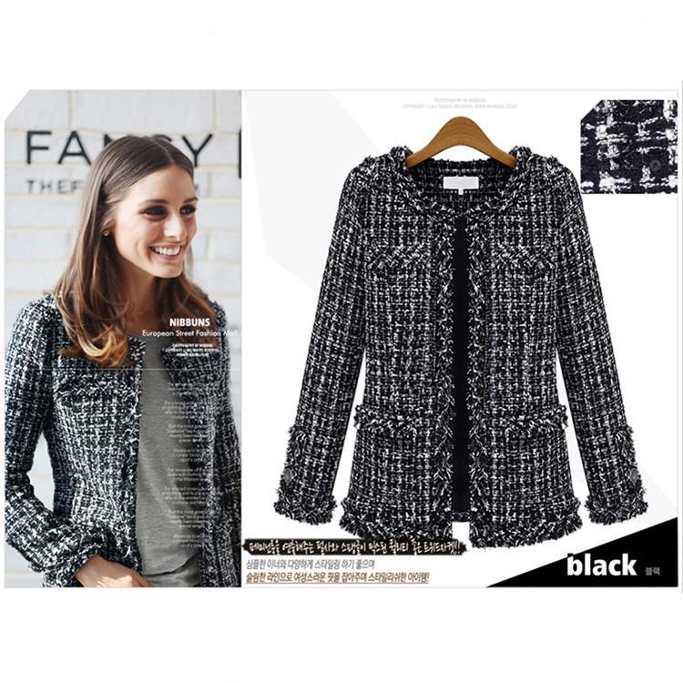 European & American Style Black and White Plaid Tweed Coat, Plus Size, Women's Autumn/Winter Collection.