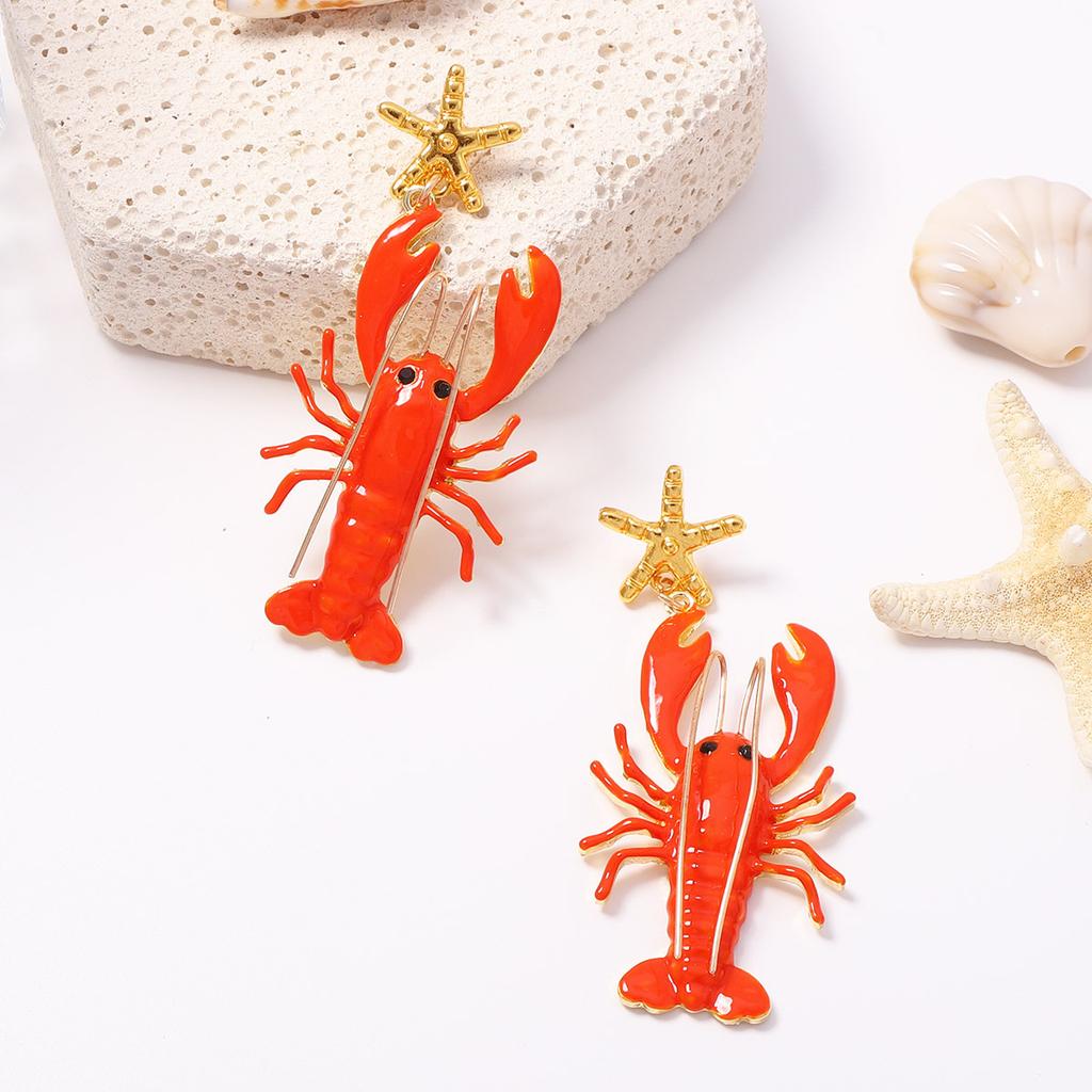 Hot-selling seaside earrings, unique niche design, long beard, painted lobster starfish female earrings