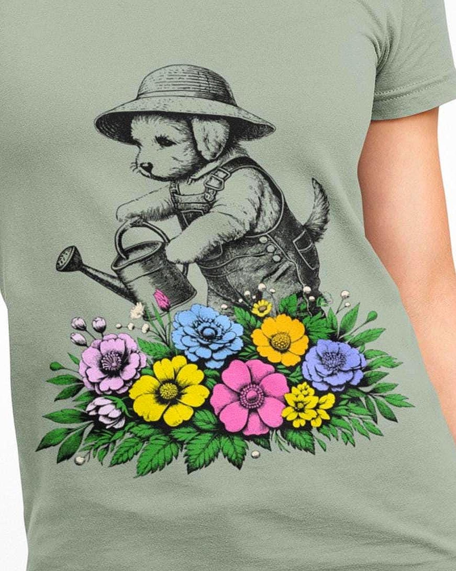 Gardening Puppy T-Shirt, Floral Dog Lover Tee S