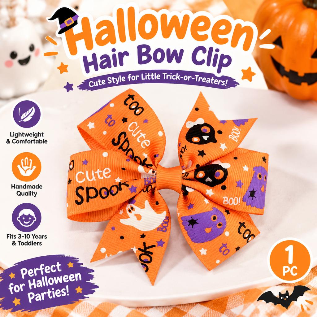 Halloween Kids Bow Hair Clips Ribbed Ribbon Handmade Decor
