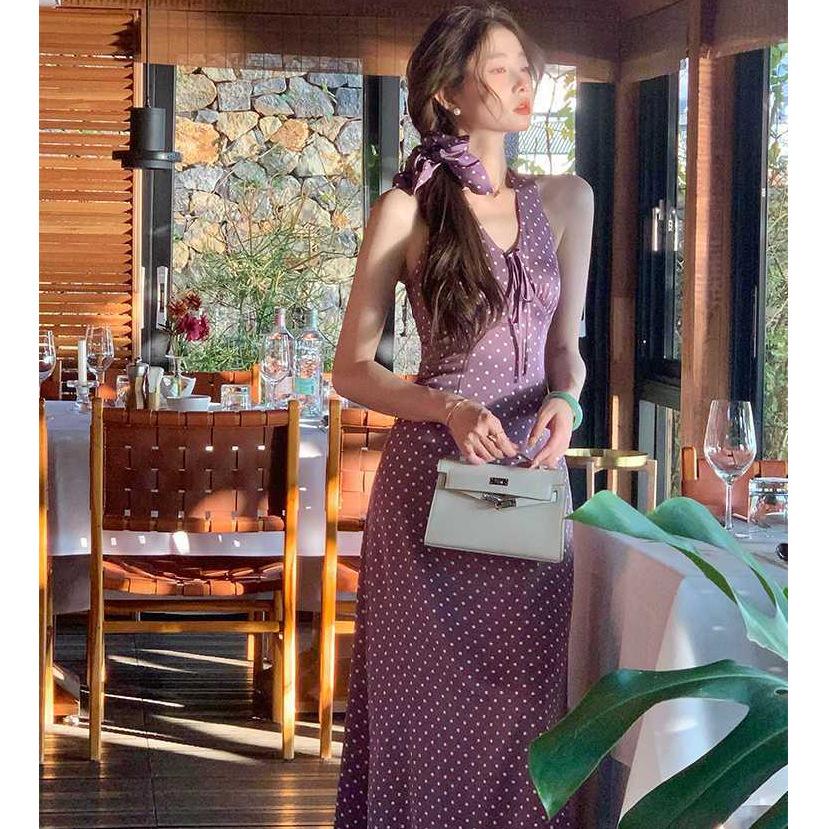 Purple Polka Dot Backless Neck Dress Women's Summer High-end Slim-fit Skirt Spice Girl Style Waist-wrapped Hip Dress
