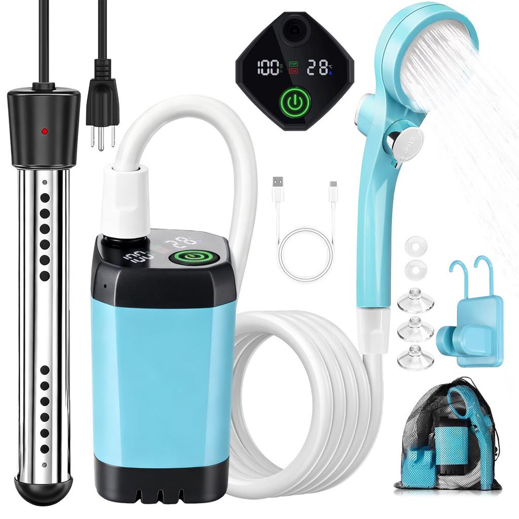 Doccia da Campeggio Portatile con Riscaldatore, Doccia Portatile Ricaricabile da 6000mAh con Riscaldatore a Immersione da 2000W, Display LED, Doccia da Campeggio Riscaldata per Viaggi,