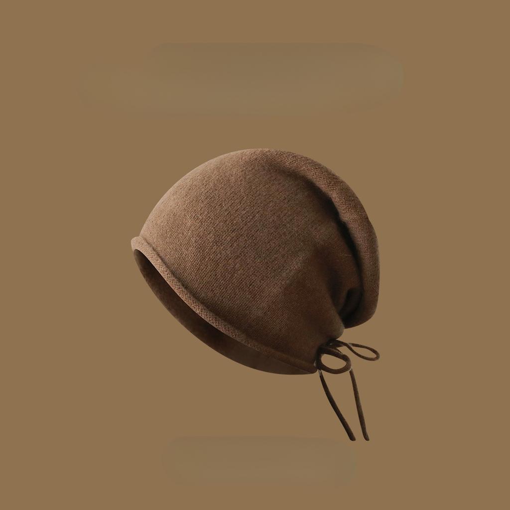 Pure wool knitted crimped stacking hat autumn and winter warm versatile wool hat women's plain face covering bag head cold hat drawstring