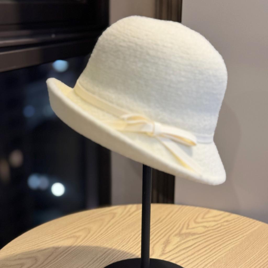 Bow Basin Hat Woolen Hat Autumn and Winter Fashion Versatile Fisherman Hat Retro Top Hat Round Face showing Small Hat Trendy for Women
