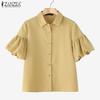ZANZEA Women Summer Turn Down Collar Puff Short Sleeve Blouse