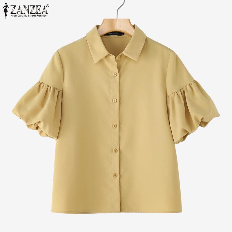 ZANZEA Women Summer Turn Down Collar Puff Short Sleeve Blouse