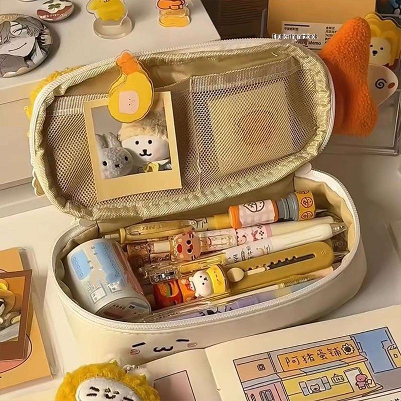 Cute Double-Layer Fried Shrimp Plush Pencil Case with Large Capacity for Students