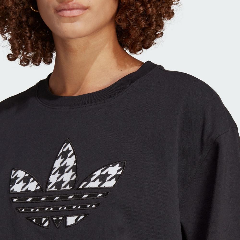 Adidas Originals Retro Houndstooth Logo Print Loose Fit Round Neck Short Sleeve T-Shirt Women T-Shirts Black IC5145