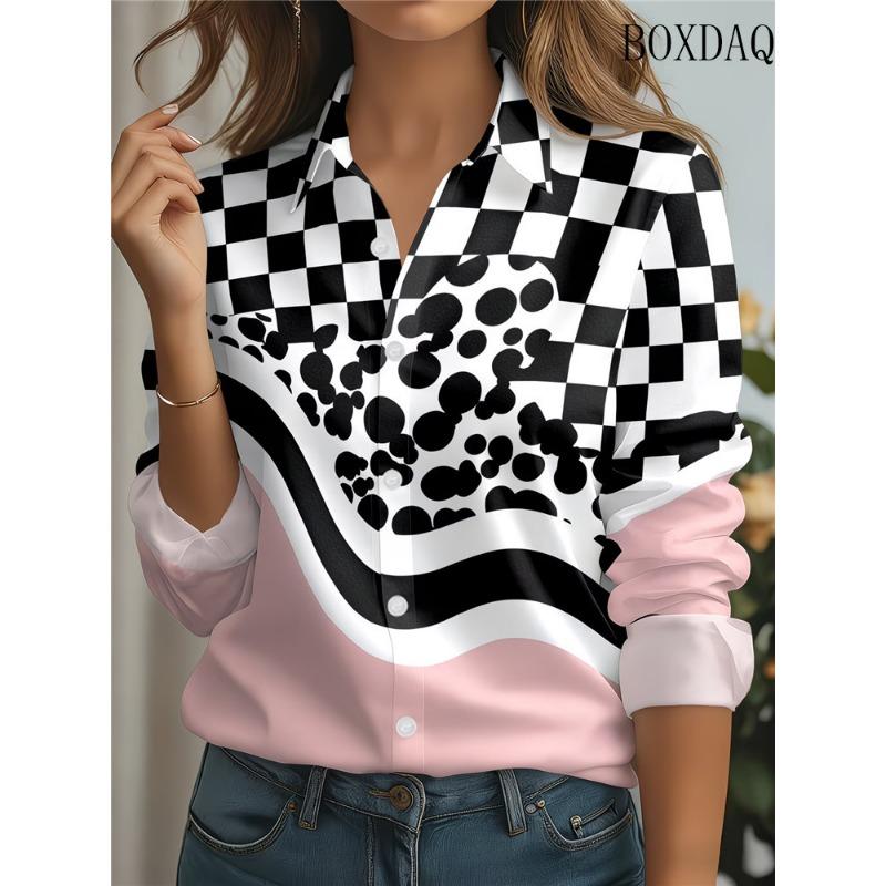 Nuova Moda Estiva Camicie da Donna con Bavero Casual Bottoni Manica Lunga Quotidiano Weekend Top Astratti Stampa Floreale Blusa Larga Casual