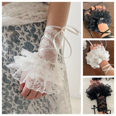 Elegantes Guantes de Lazo con Tirantes Puños Elásticos con Volantes Moda Encaje Sin Dedos Mangas Lolita