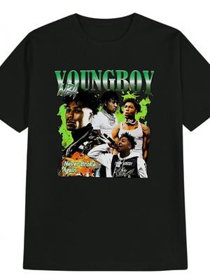 Casual Crew Neck T-shirt with "YOUNGBOY NEVER BROKE AGAIN" Print - Black Graphic Tee for Him