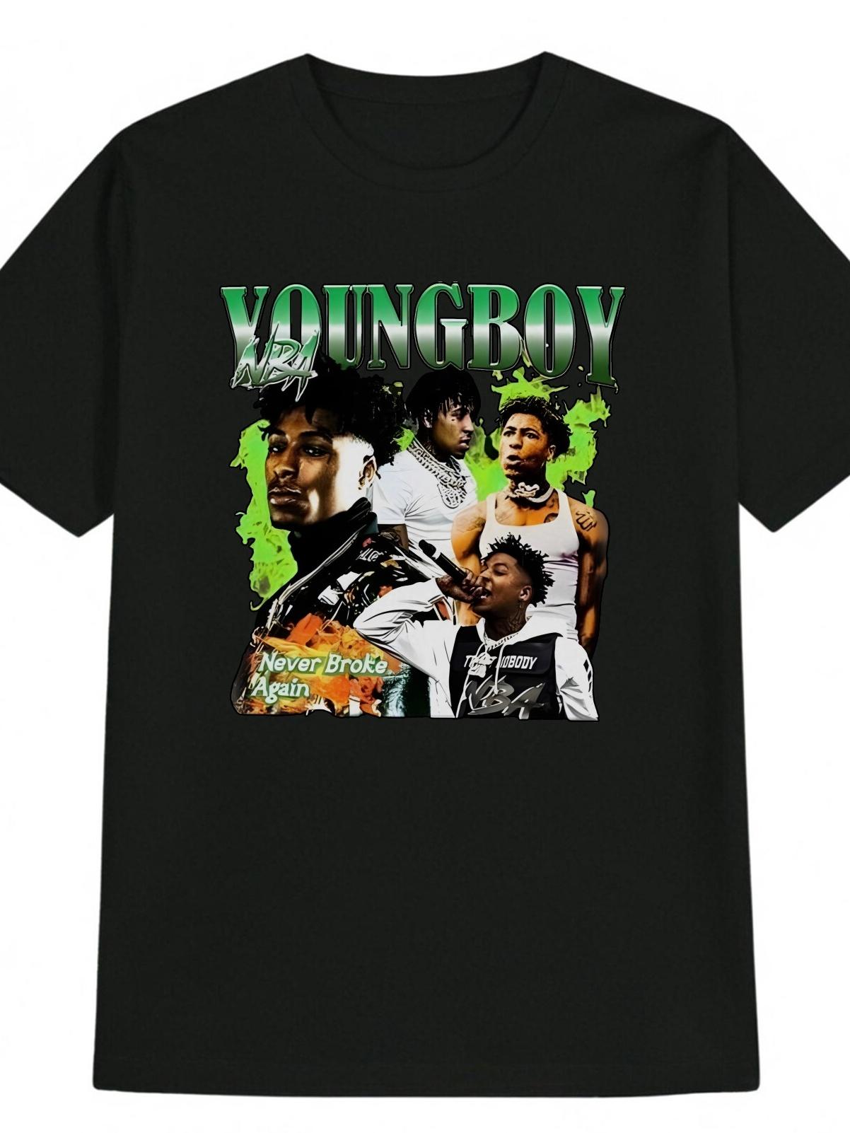 

Casual Crew Neck T-shirt with YOUNGBOY NEVER BROKE AGAIN Print - Black Graphic Tee for Him S
