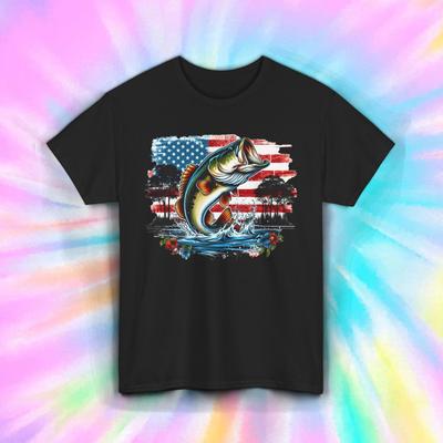 American Flag Bass Fishing Graphic Tee Patriotic Outdoors Shirt S-5XL