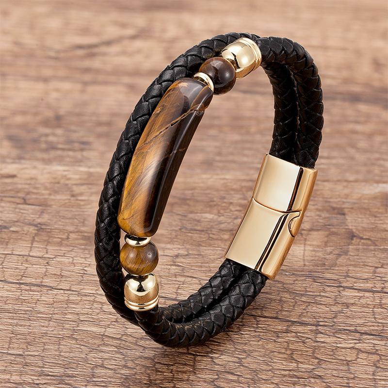Minimalist Crystal Stone Bracelet Braided Leather Cord Stainless Steel Chain Waterproof Jewelry for Men Women Daily Use
